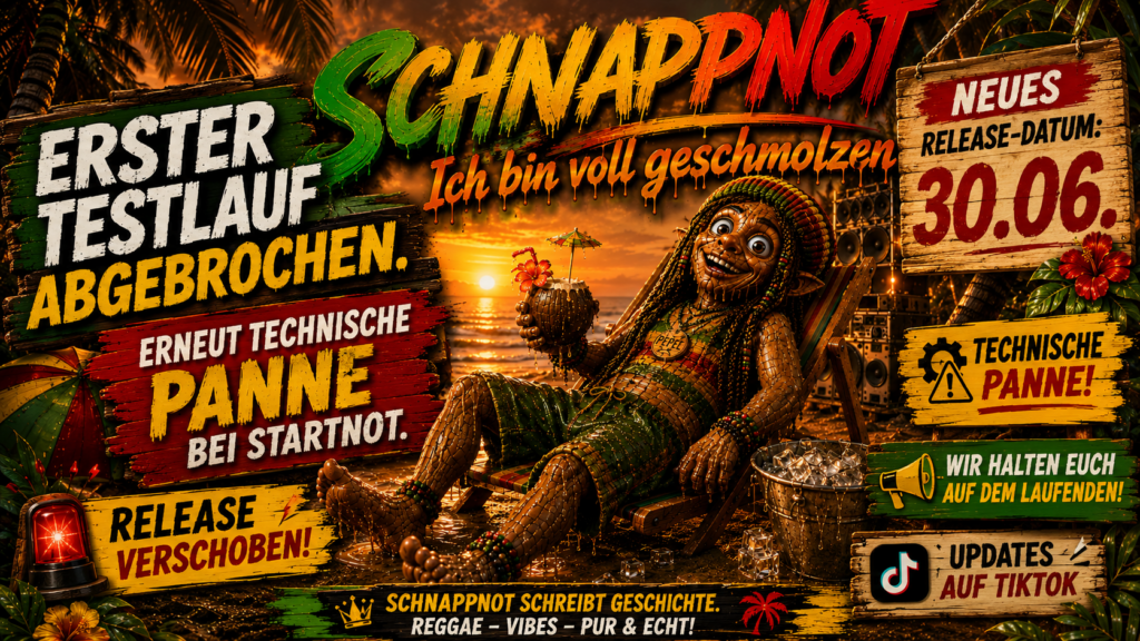 16:9, moderner kontrastreicher Schnappnot-News-Look, tropischer Reggae-Sonnenuntergang, kreative Figur in Strandstuhl mit geschmolzenem Eis und Technik-Warnsymbolen, Holzschilder mit klarer Botschaft „Erster Testlauf gescheitert“ und „Neues Release-Datum 30.06.“, Rot-Gelb-Grün, kein Zufalls