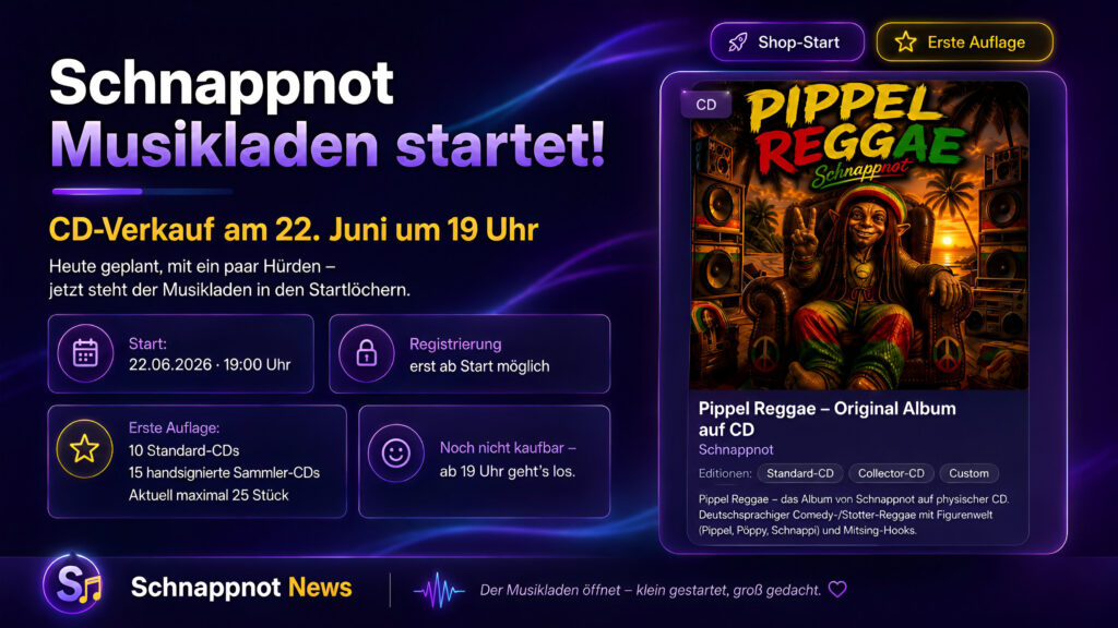 Direkte Schnappnot-Portalnews zum verschobenen Shopstart, zum klaren Verkaufszeitpunkt, zur limitierten ersten CD-Auflage und zur noch gesperrten Registrierung.