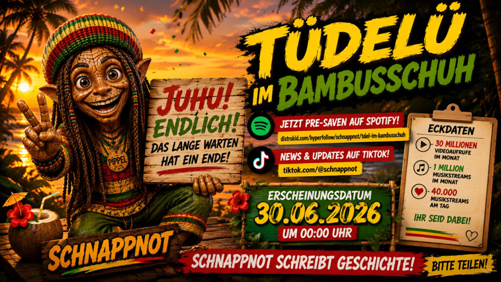 16:9 Newskarte im warmen Reggae-/Tropenstil. Verwende das beigefügte Cover als Hauptmotiv und die grün hinterlegte Pippel-Figur als sekundäre Figur. Headline: 'Tüdelü im Bambusschuh'. Subline: 'Jetzt presaven – Release 30.06.2026, 0 Uhr'. Zusätzliche Callouts: '30 Mio. Videoaufrufe/Monat', '