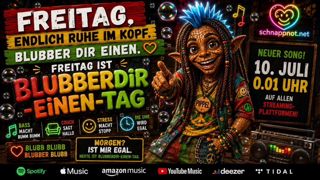 16:9, moderne farbige Schnappnot-News-Kachel, sprudelnde Neon-Blasen, musikalische Wellen, abstrakte Streaming-Symbole, Textfläche für Songtitel, keine Markenlogos, keine illegalen Substanzen, kontrastreich