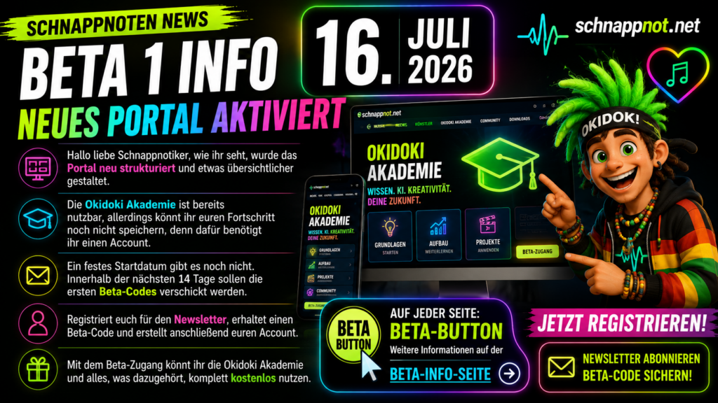 16:9, moderne farbige kontrastreiche Portal-News-Grafik im Schnappnot-News-Stil, sehr groß und exakt lesbar „16. Juli 2026“, zusätzlich exakt „Schnappnoten News“, „Beta 1 Info“ und „Neues Portal aktiviert“, futuristische Portal-Kacheln und deutlich sichtbarer Beta-Button, keine ech