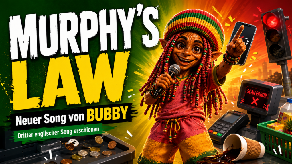16:9 Newsbild im modernen Schnappnot-News-Stil: der fiktive Reggae-Sänger Bubby steht gelassen im Zentrum eines humorvollen Murphy’s-Law-Chaos, daneben eine festhängende Supermarktkasse, rote Ampeln, ein Smartphone mit einem Prozent Akku und ein umgekippter Kaffeebecher; farbig, kontrastreich, d