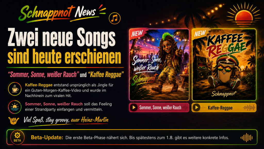 16:9 News-Kachel im schnappnot_news_style, modern, farbig, kontrastreich, zwei neue Song-Releases nebeneinander, große Schlagzeile, sommerlich-reggaehafte Stimmung, kleiner Beta-Hinweis, kein Zufallstext, keine echten Personen.