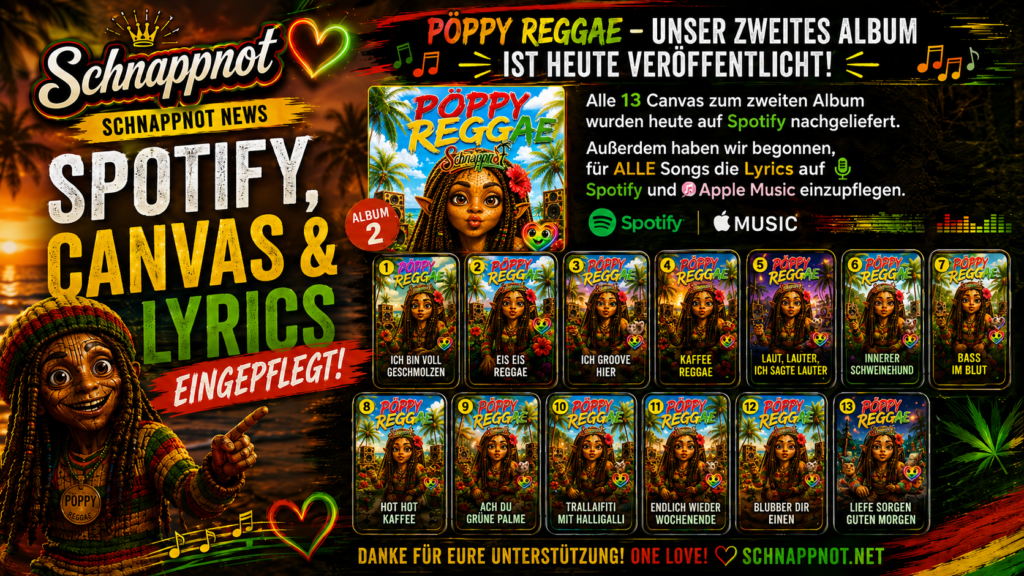 16:9 Schnappnot-News-Kachel im farbigen Reggae-Stil: offizielles Pöppy-Reggae-Albumcover als Mittelpunkt, darum eine übersichtliche Galerie aus 13 unterschiedlichen vertikalen Canvas-Motiven sowie dezente Symbole für Animation und Songtexte, modern, kontrastreich, professionell, keine zusätzlich