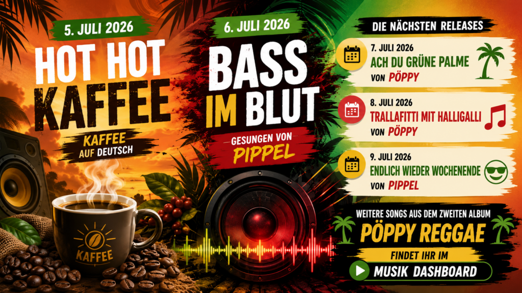 16:9, moderne farbintensive Schnappnot-News-Grafik im Reggae-Release-Stil, dynamische Lautsprecher, große Kaffeetasse mit Dampf, abstrakte Basswellen, tropische Farbwelt, sauberer Editorial-Look, kontrastreich, kein lesbarer Text, keine Markenlogos, keine echten Personen