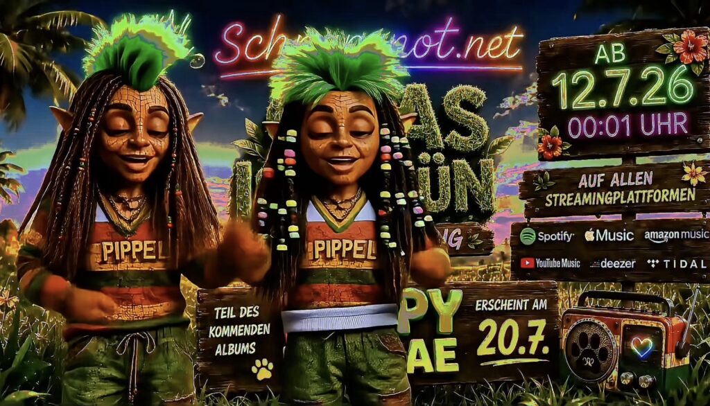 16:9, moderne farbintensive Reggae-Musikszene in leuchtendem Grün mit natürlicher Wiese, rhythmischen Schallwellen und sommerlicher Energie, kontrastreich, keine Drogen, kein Rauch, keine illegalen Symbole, keine Markenlogos, keine echten Personen, kein Zufallstext