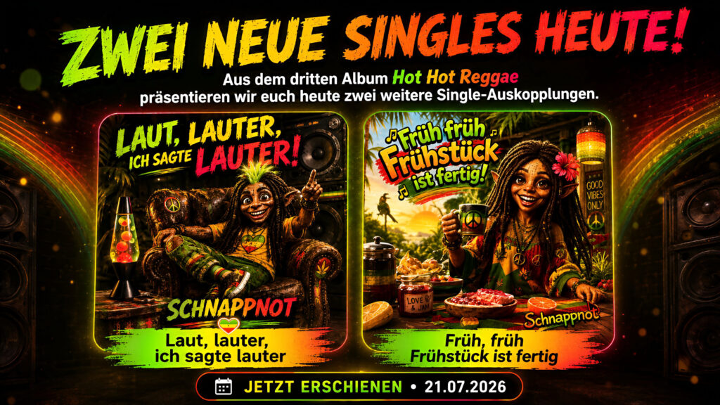 16:9 Schnappnot-News-Kachel mit sehr großer Schlagzeile „ZWEI NEUE SINGLES HEUTE!“, zwei gleichwertigen quadratischen Coverflächen nebeneinander, Reggae-Neonlicht, Lautsprecher- und Frühstücksakzente, modern, farbig, kontrastreich, kein Cannabis, keine echten Personen, keine Markenlogos, kei