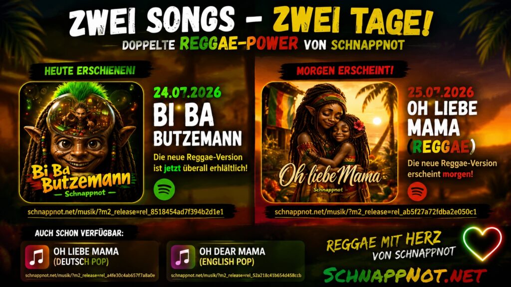 16:9, farbige Schnappnot-News-Kachel im Reggae-Stil, geteilte Szene mit verspielter märchenhafter Butzemann-Figur links und warmer symbolischer Mutter-Kind-Silhouette rechts, Neon-Reggae-Farben, moderne Musikveröffentlichungs-Optik, freie Fläche für zwei Songtitel und Daten, keine Markenlogos, k