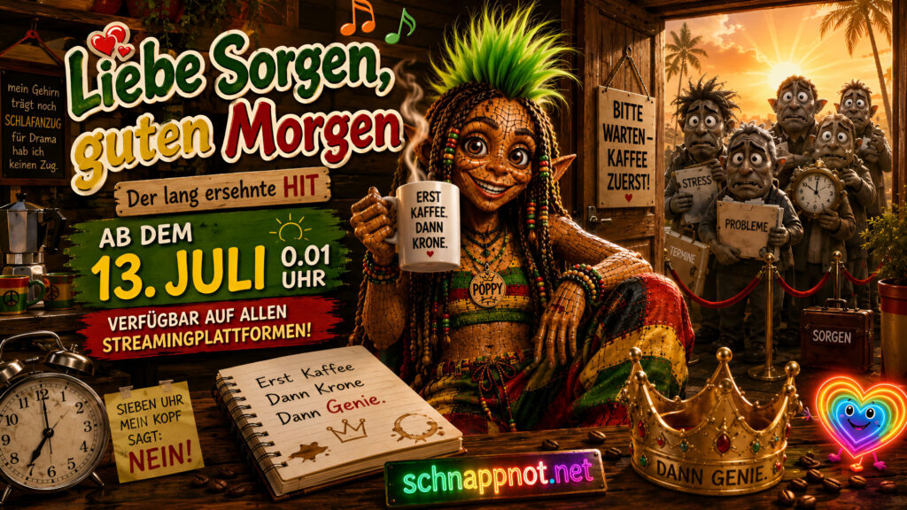 16:9 Schnappnot-News-Stil, farbenfroher Reggae-Sonnenaufgang mit Kaffeetasse, schwebenden Musiknoten und kleinem neonfarbenem Regenbogenherz, modern, kontrastreich, exakter Titel „Liebe Sorgen, guten Morgen“, Datum „30.07.2026 · 00:01“, keine Plattformlogos, keine echten Personen, kein Zufa