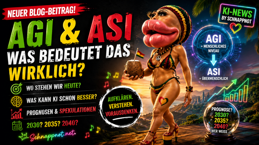 16:9, moderner futuristischer News-Infografik-Look, drei abstrahierte Intelligenz-Radardiagramme von heutiger KI über AGI bis ASI, menschliche Referenzlinie, Neonblau Grün Violett auf dunklem Hintergrund, klar und hochwertig, keine Markenlogos, keine echten Personen, kein Zufallstext