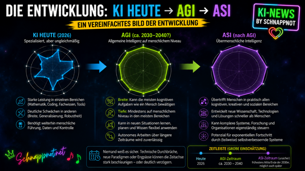 16:9, moderne kontrastreiche Schnappnot-News-Infografik, drei große Radar-Fähigkeitsdiagramme nebeneinander: heutige KI stark gezackt in Neonblau, AGI als breiter nahezu gleichmäßiger Kreis in Neongrün, ASI deutlich über menschlicher Referenz in Violett, dunkler futuristischer Hintergrund, kla