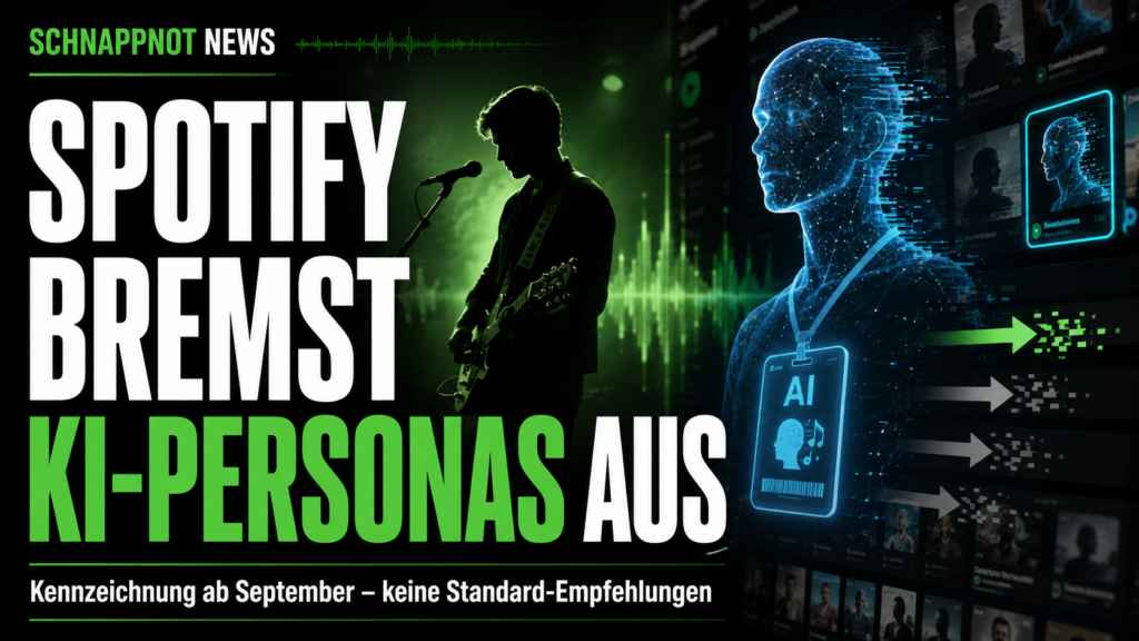 16:9, schnappnot_news_style, futuristische Musikplattform-Oberfläche mit menschlicher Künstler-Silhouette und daneben klar erkennbarer digitaler KI-Figur, farbig, modern, kontrastreich, leuchtende Prüf- und Hinweis-Symbole, keine Markenlogos, keine echten Personen, kein Zufallstext
