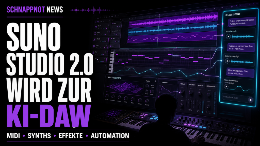 16:9, schnappnot_news_style, futuristisches Musikstudio im Browser mit leuchtender MIDI-Zeitleiste, Synthesizer-Reglern, Effektkurven und schwebenden Musiknoten, kräftige Neonfarben, modern, kontrastreich, keine Markenlogos, keine echten Personen, kein Zufallstext