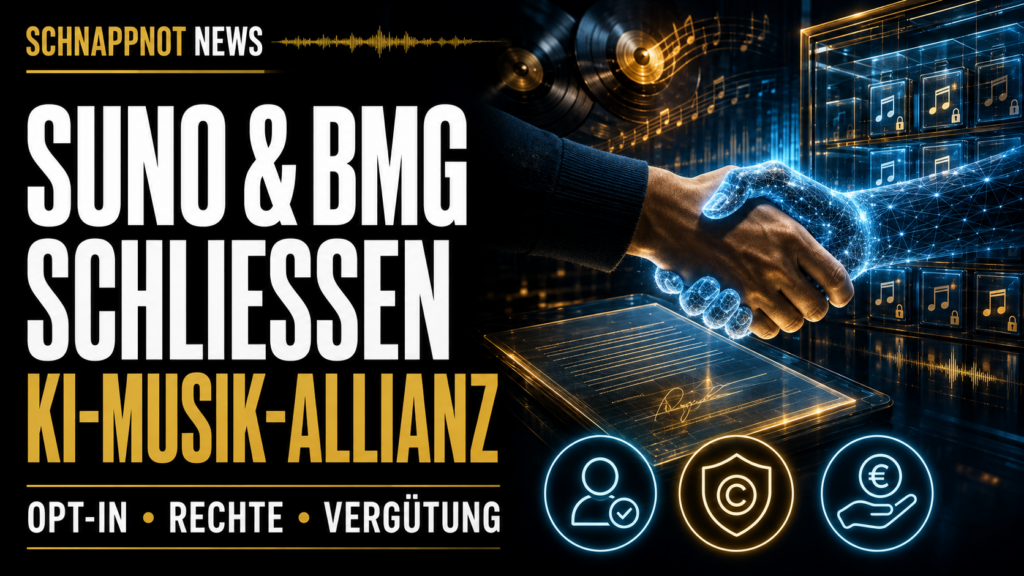 16:9, schnappnot_news_style, futuristischer Vertrag zwischen Musikschaffenden und einer leuchtenden KI-Klangmaschine, geschützte Notenbibliothek, Symbole für Wahlfreiheit und Vergütung, modern, farbig, kontrastreich, keine Markenlogos, keine echten Personen, kein Zufallstext
