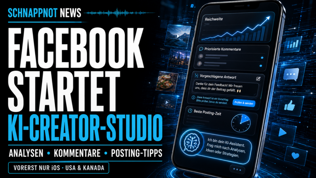 16:9, schnappnot_news_style, moderner mobiler Creator-Arbeitsplatz mit leuchtendem Analyse-Dashboard, KI-Sprechblase, Kommentar-Symbolen und dynamischen Reichweitenkurven, farbig, kontrastreich, keine Markenlogos, keine echten Personen, kein Zufallstext