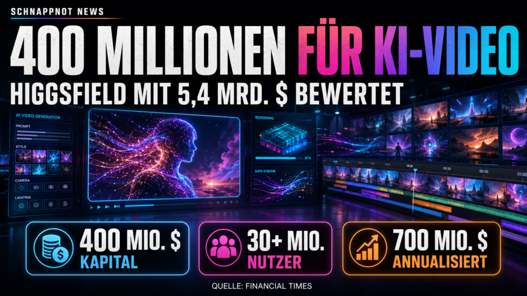 16:9, futuristisches KI-Videostudio mit leuchtenden Szenenfenstern, Rechenleistung und Film-Timeline als abstrakte Motive, kräftige Neonfarben, hoher Kontrast, kein Logo, kein lesbarer Zufallstext, keine echten Personen