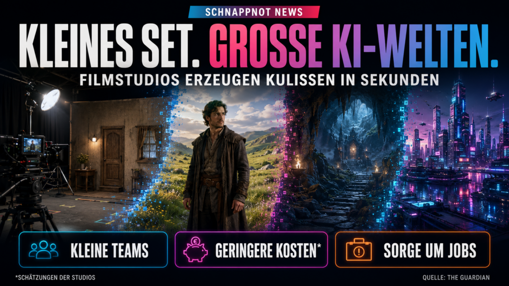 16:9, kleines reales Filmset geht nahtlos in eine farbige generierte Fantasiewelt über, Kamera, Licht und virtuelle Kulissen, cineastisch, kontrastreich, kein Logo, kein lesbarer Zufallstext, keine echten Personen