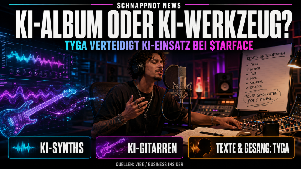16:9, geteiltes Musikstudio mit menschlichem Mikrofon und abstrakten KI-Synthesizer-Wellen, klare Verbindung statt Konkurrenz, modern, farbig, hoher Kontrast, kein Logo, kein lesbarer Zufallstext, keine echte Person