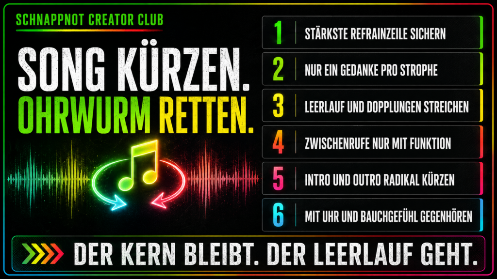 Beim Kürzen wird häufig ausgerechnet der Wiedererkennungswert beschädigt. Die Reihenfolge entfernt zuerst Leerlauf und lässt den emotionalen Kern stehen.