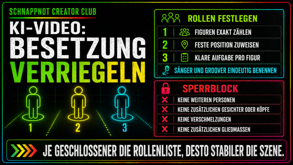 Eine verriegelte Besetzung reduziert typische Generierungsfehler und spart Wiederholungsversuche, besonders bei Gruppenbildern und animierten Referenzfiguren.