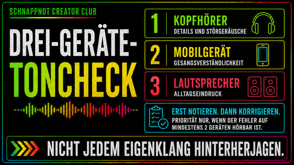 Das Publikum hört auf sehr unterschiedlichen Geräten. Wiederkehrende Probleme sind verlässlicher als eine Einzelreaktion auf besonders gute oder schlechte Wiedergabe.
