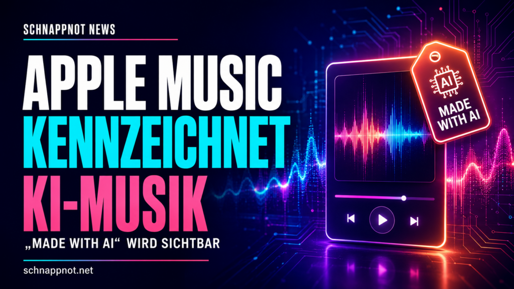 16:9, schnappnot_news_style, moderner Musikplayer ohne Markenlogo, leuchtende Audio-Wellenform mit transparenten KI-Ebenen und Prüfmarkierung, Neon-Regenbogenakzente, farbig, kontrastreich, keine Schrift, keine echten Personen