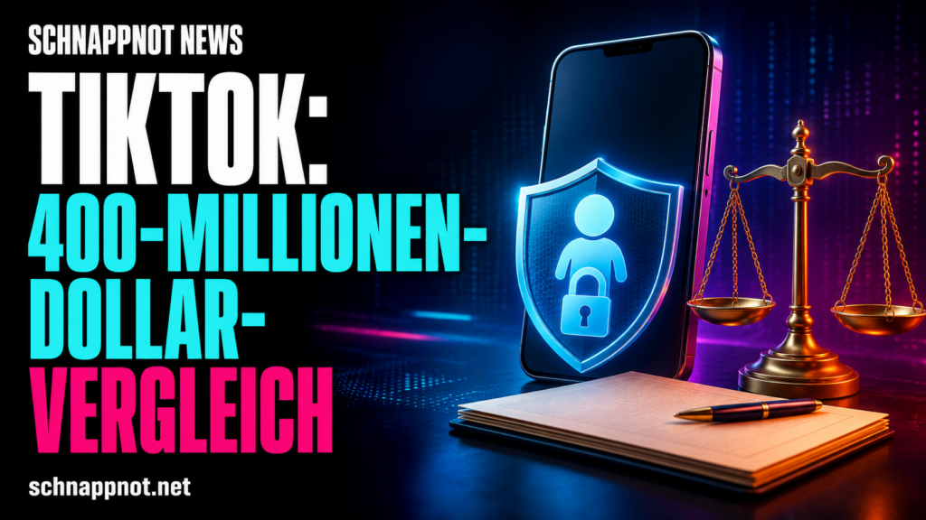 16:9, schnappnot_news_style, abstraktes vertikales Smartphone ohne Markenlogo hinter einem leuchtenden Datenschutzschild, sichere Kinderkonto-Symbole als neutrale Piktogramme, Neon-Rosa, Türkis und Orange, kontrastreich, keine Schrift, keine echten Personen