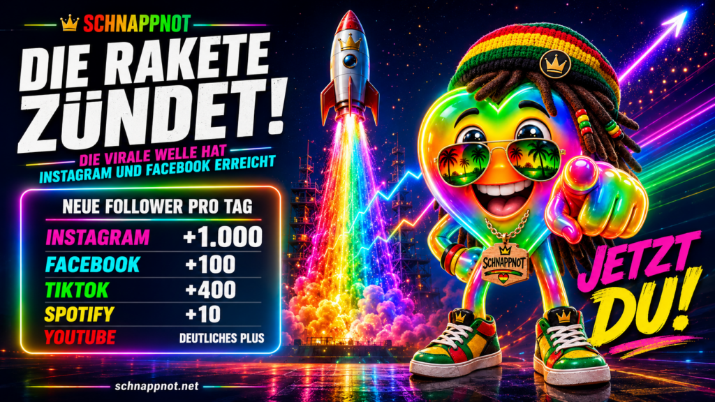 16:9-News-Kachel im farbintensiven Schnappnot-News-Stil: Eine leuchtende Rakete startet mit kräftigem Regenbogen-Schweif nach oben, ein freundliches neonfarbenes Herz-Maskottchen zeigt direkt auf den Betrachter, fette gut lesbare Schlagzeile ‚DIE RAKETE ZÜNDET!‘, dynamisch, modern, kontrastrei