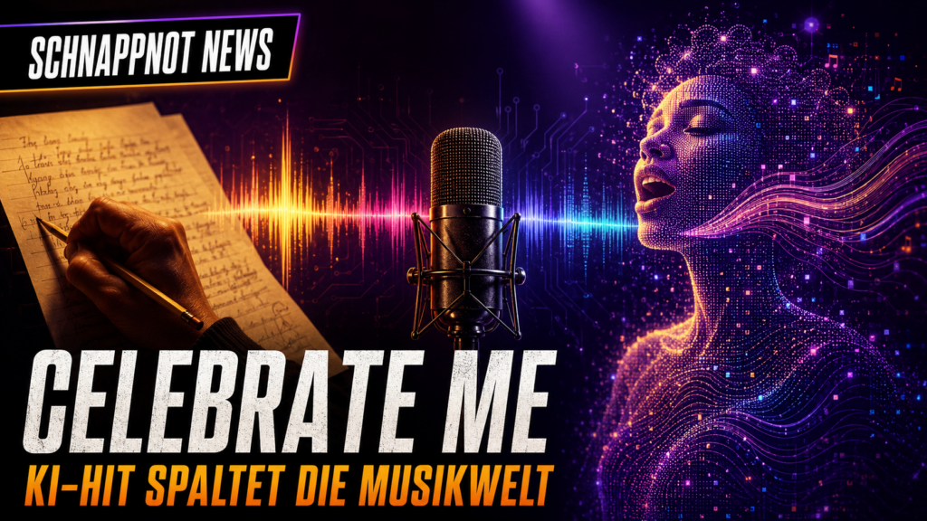 16:9, moderne kontrastreiche Schnappnot-News-Szene, virtuelle Gesangssilhouette aus Lichtpunkten vor Mikrofon, gegenüber abstrakte menschliche Hand mit Notenblatt, dazwischen geteilte Klangwellen als Symbol für die KI-Musikdebatte, farbig, keine Schrift, keine Logos, keine echten Personen