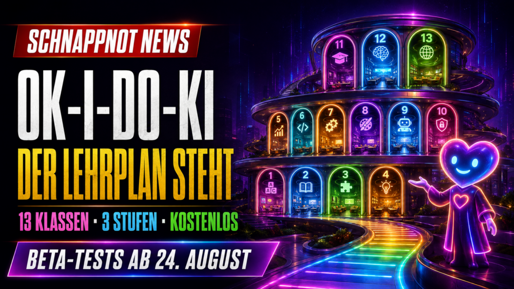 16:9, moderne farbige Schnappnot-News-Kachel zur kostenlosen KI-Schule OK-I-DO-KI, dreizehn leuchtende Lernportale auf drei aufsteigenden Stufen, freundlicher abstrakter Neon-Herz-Schulassistent, sichtbare Testphase als Prüflicht und digitale Checkmarken, kontrastreich, keine Zufallsschrift, keine