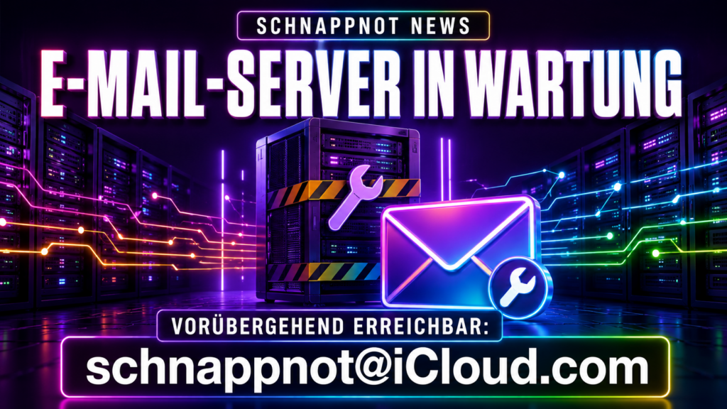 16:9-Newscover im modernen Schnappnot-News-Stil, farbig und kontrastreich, stilisierter E-Mail-Server in Wartung mit Briefumschlag und dezenten Werkzeug-Symbolen, klarer visueller Hinweis auf eine vorübergehende alternative Kontaktmöglichkeit, kein Zufallstext, keine Markenlogos, keine echten Pers