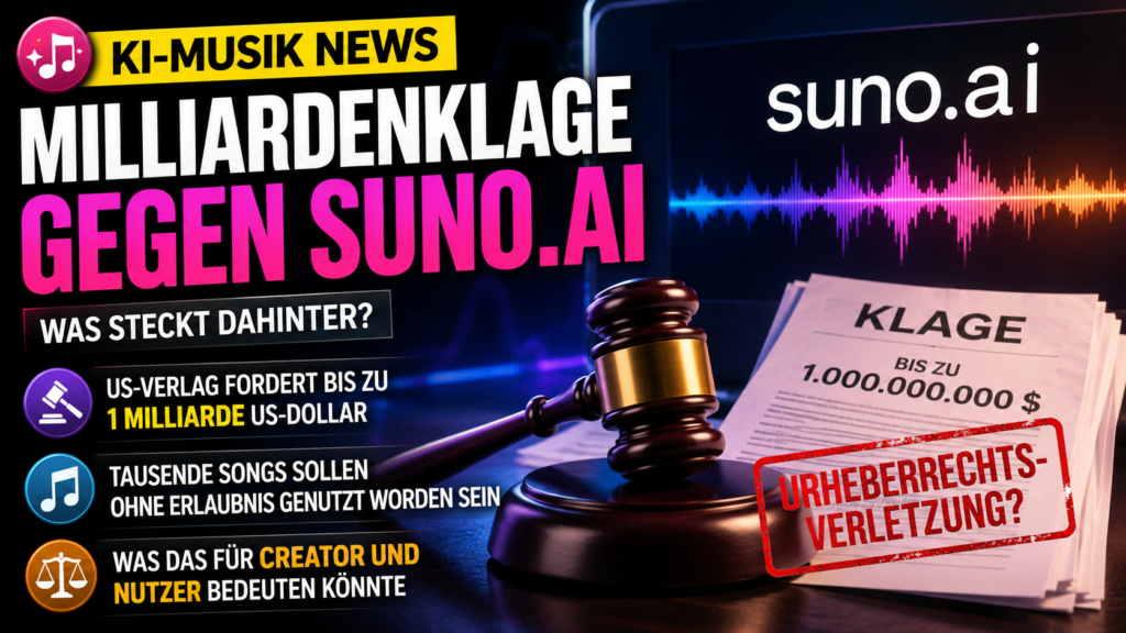 16:9 News-Cover im schnappnot_news_style, futuristisches KI-Musikstudio vor einer abstrakten Gerichtskulisse, digitale Audio-Wellen, Notensymbole und Datenströme treffen auf Waage und Aktenstapel, modern, farbig, kontrastreich, hochwertig, dramatische Lichtstimmung, keine echten Personen, keine Mar