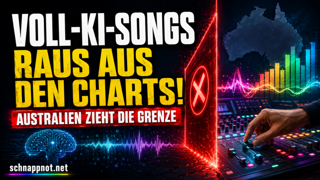 16:9, futuristische Musikchart mit leuchtenden Wellenformen, links menschliche Hand am Mischpult, rechts abstrakte KI-Klangstruktur hinter einer klaren Grenzlinie, modern, farbig, kontrastreich, keine Logos, keine Personen, kein Text