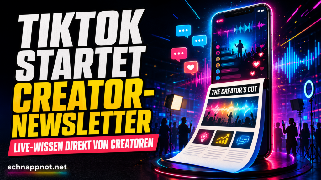 16:9, lebendige Creator-LIVE-Szene mit Smartphone, abstrakten Chatblasen und leuchtendem Newsletter-Fenster, Neonfarben, modern, kontrastreich, keine Logos, keine echten Personen, kein Text
