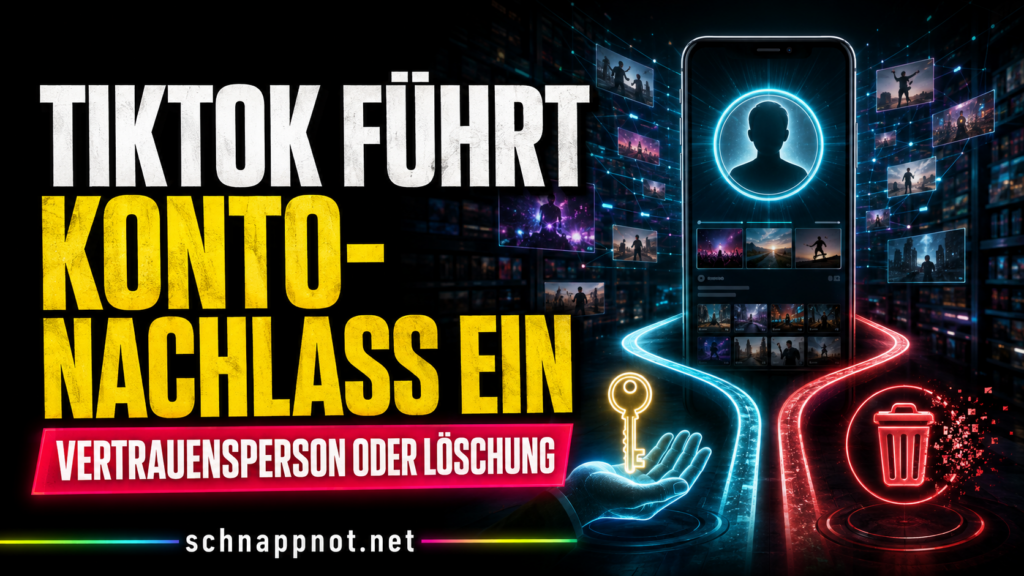 16:9, leuchtendes Smartphone-Profil als digitales Vermächtnis, daneben symbolischer Schlüssel und schützende Hand als abstrakte Formen, Neonfarben, modern, kontrastreich, keine Logos, keine echten Personen, kein Text