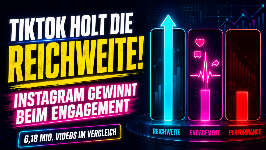 Schnappnot-News-Stil, 16:9, drei abstrakte vertikale Kurzvideo-Flächen mit leuchtenden Kurven für Reichweite, Engagement und Teilungen, Neonfarben, hoher Kontrast, keine Logos, keine echten Personen, ohne Schrift