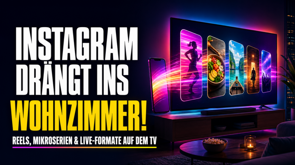 Schnappnot-News-Stil, 16:9, modernes Wohnzimmer mit großem Fernseher voller abstrakter vertikaler Kurzvideo-Kacheln und einem Smartphone davor, Neonfarben, kontrastreich, keine Logos, keine Personen, ohne Schrift