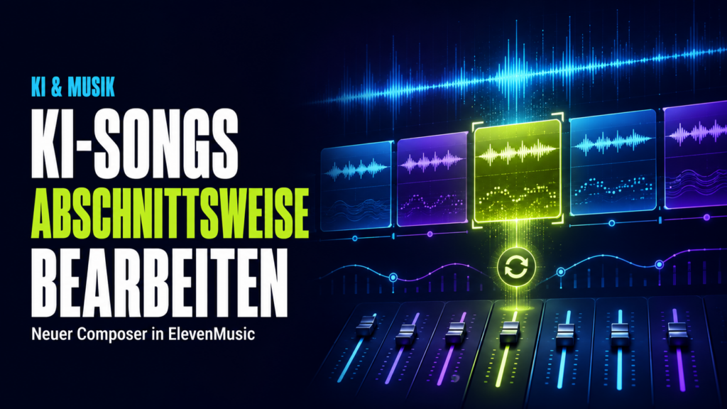 16:9, modernes farbiges Musikstudio als abstrakte Benutzeroberfläche, leuchtende Songblöcke für Strophe, Refrain und Bridge, dynamische Wellenform, hoher Kontrast, keine Personen, keine Markenlogos, kein Zufallstext