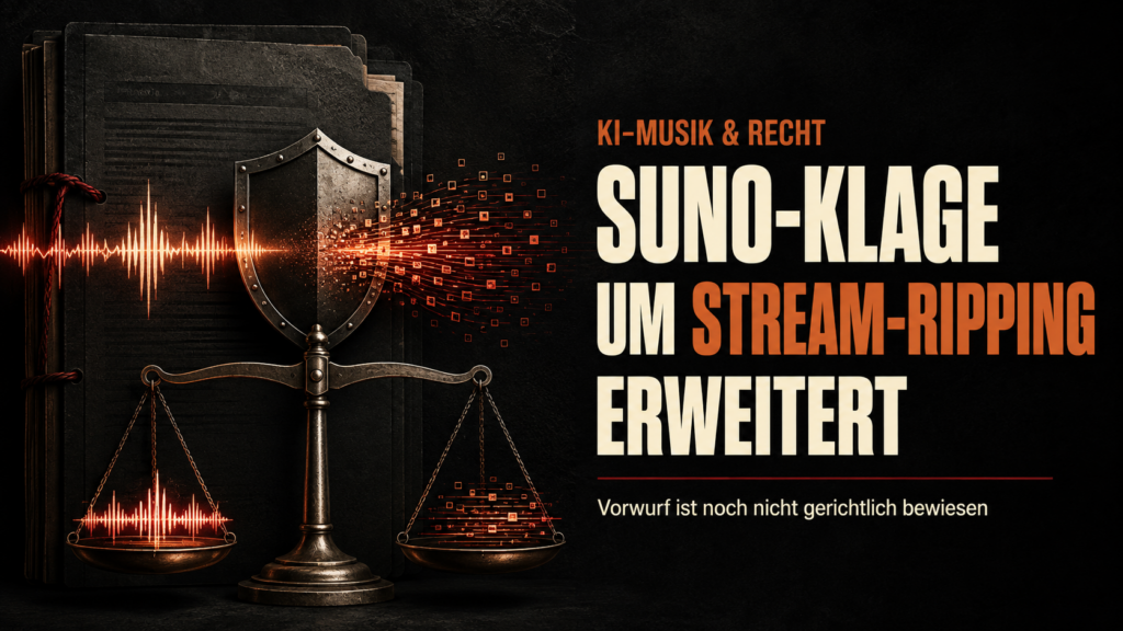 16:9, abstrakter Gerichtssaal trifft digitales Tonstudio, leuchtende Audiospuren hinter einer transparenten Waage, dunkler moderner Hintergrund, farbig und kontrastreich, keine Personen, keine Markenlogos, kein Zufallstext