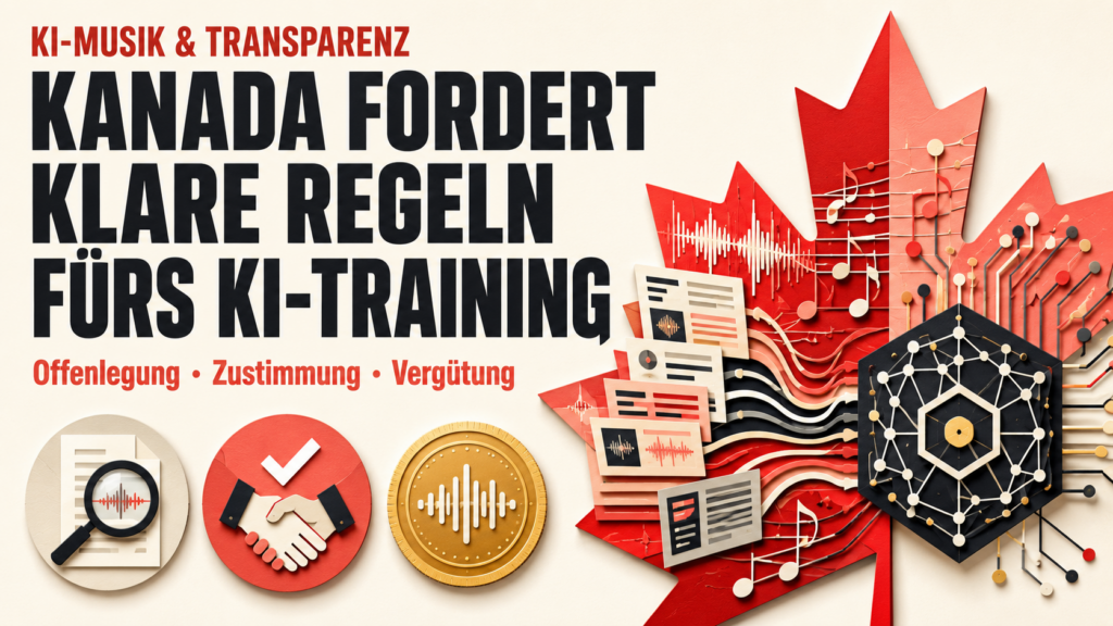 16:9, leuchtende Musiknoten fließen in ein transparentes KI-Datennetz und werden von drei klaren Symbolen für Zustimmung, Transparenz und Vergütung begleitet, modern, farbig, kontrastreich, keine Personen, keine Markenlogos, kein Zufallstext