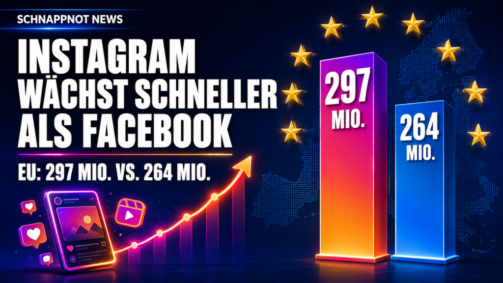 16:9, moderne farbige kontrastreiche News-Illustration im Schnappnot-News-Stil: stilisierte Europakarte, zwei abstrakte Social-Feed-Säulen mit sichtbar unterschiedlicher Wachstumskurve, leuchtende Neon-Regenbogenakzente, keine Zahlen, keine Schrift, keine Logos, keine realen Personen