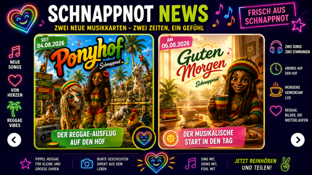 16:9, zweiteilige farbige Musik-News-Szene: links ein skurriler sonniger Ponyhof mit freundlich groovenden Tieren, rechts ein warmer Frühstücksmorgen mit Tassen und musikalischen Noten, modern, kontrastreich, keine Logos, keine echten Personen, kein Zufallstext
