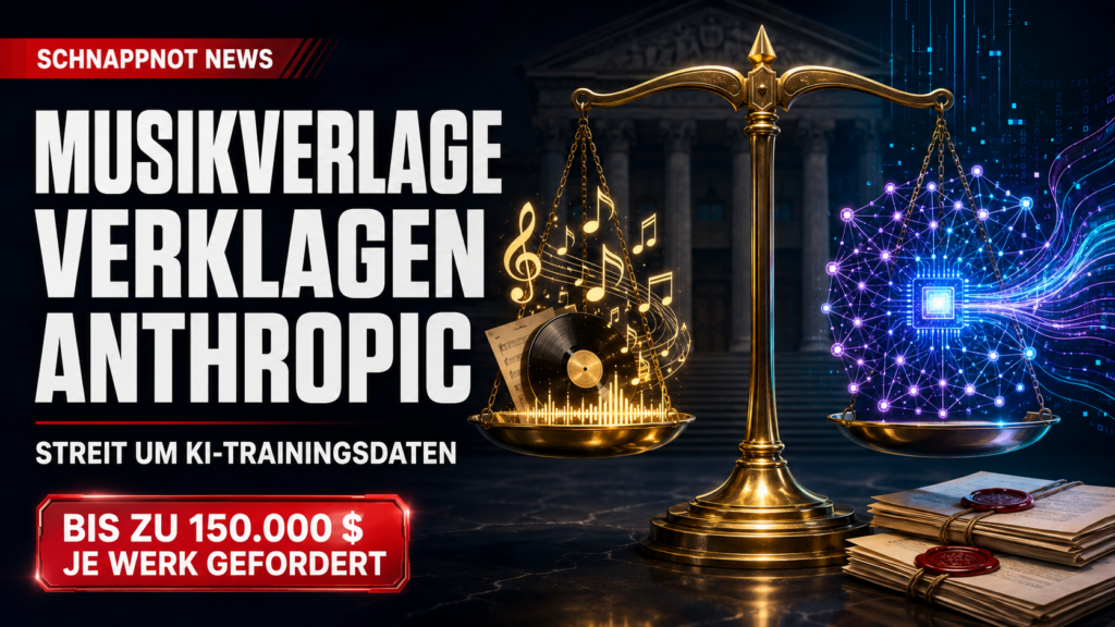 16:9, moderne farbige kontrastreiche News-Illustration im Schnappnot-News-Stil: leuchtende Musiknoten und abstrakte KI-Datenströme treffen auf eine Waage und versiegelte Lizenzdokumente ohne lesbaren Text, Neon-Regenbogenakzente, keine Logos, keine realen Personen