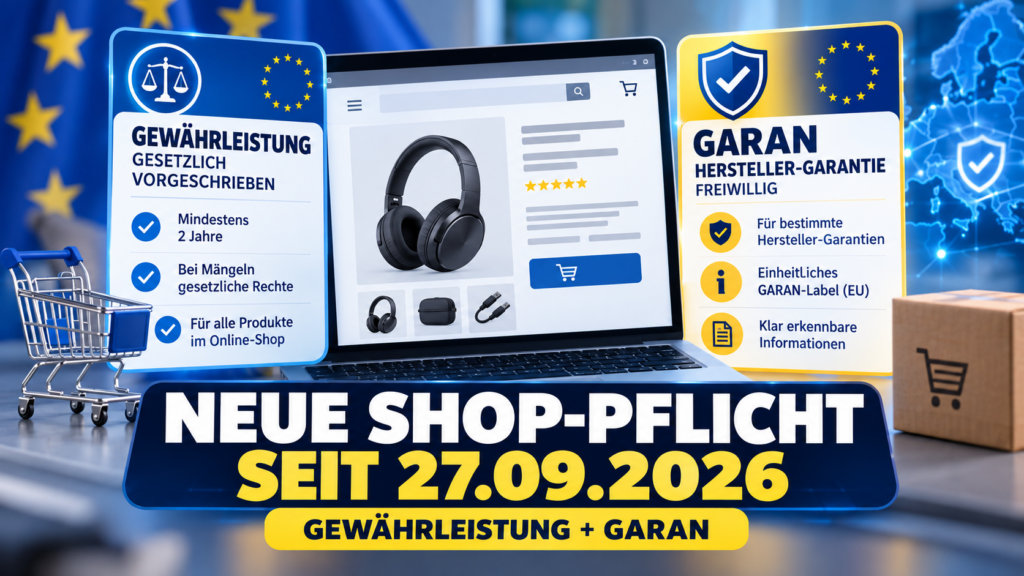 16:9, moderne farbige News-Kachel zum Thema neue EU-Pflichtlabels für Online-Shops, Laptop mit neutraler Produktseite, zwei abstrakte Informationskarten für Gewährleistung und Herstellergarantie, EU-inspirierte Blau-Gelb-Farbwelt, kontrastreich, seriös, kein Zufallstext, keine echten Personen, k