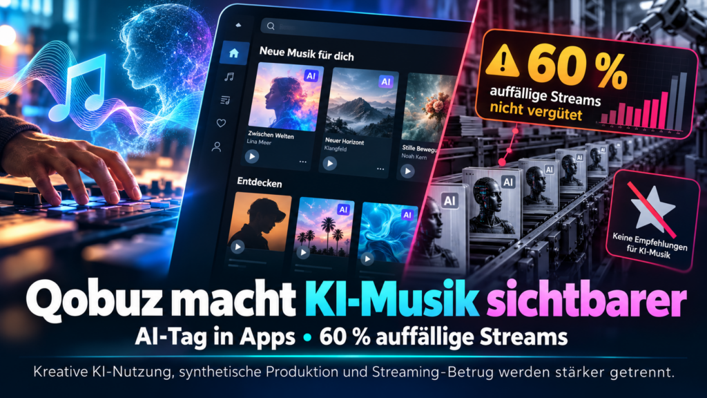16:9, moderne farbige News-Kachel zu KI-Musik im Streaming, neutraler Musikplayer mit abstraktem AI-Hinweis, Wellenformen und Transparenzsymbolik, hochwertig, kontrastreich, kein Zufallstext, keine echten Personen, keine Markenlogos