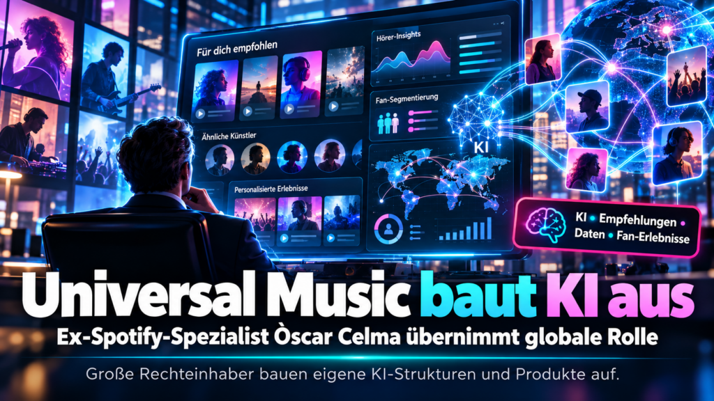 16:9, moderne KI-Musik-News-Kachel, abstraktes Musikdaten-Netzwerk mit personalisierten Empfehlungen, Wellenformen und Machine-Learning-Symbolik, hochwertig, farbig, kontrastreich, kein Zufallstext, keine echten Personen, keine Markenlogos