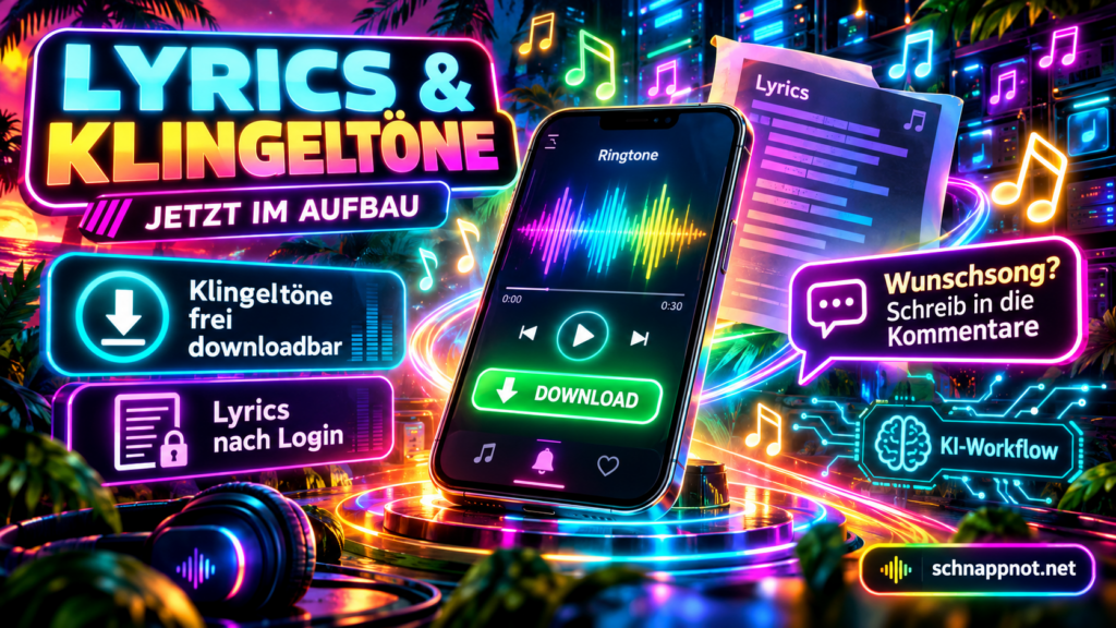 16:9, fröhliche moderne Schnappnot-News-Kachel, Smartphone mit abstraktem Klingelton-Symbol, Musiknoten und Lyrics-Zeilen als neutrale grafische Elemente, farbig, kontrastreich, Reggae-Neon-Anmutung, kein Zufallstext, keine echten Personen, keine Markenlogos