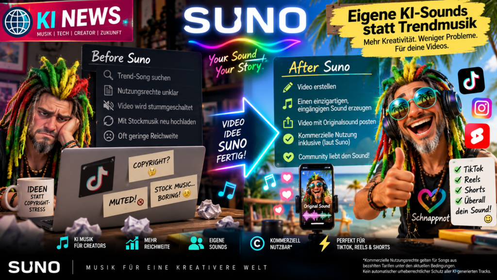 16:9-Newscover im modernen KI-Musik-News-Stil, vertikales Social-Media-Video auf einem Smartphone links, abstrakte Musik-Wellenform und KI-Audio-Generator rechts, visuelle Gegenüberstellung von Trend-Sound-Suche und eigenem Originalsound, dynamisch und hochwertig, keine Markenlogos, kein Zufallstex