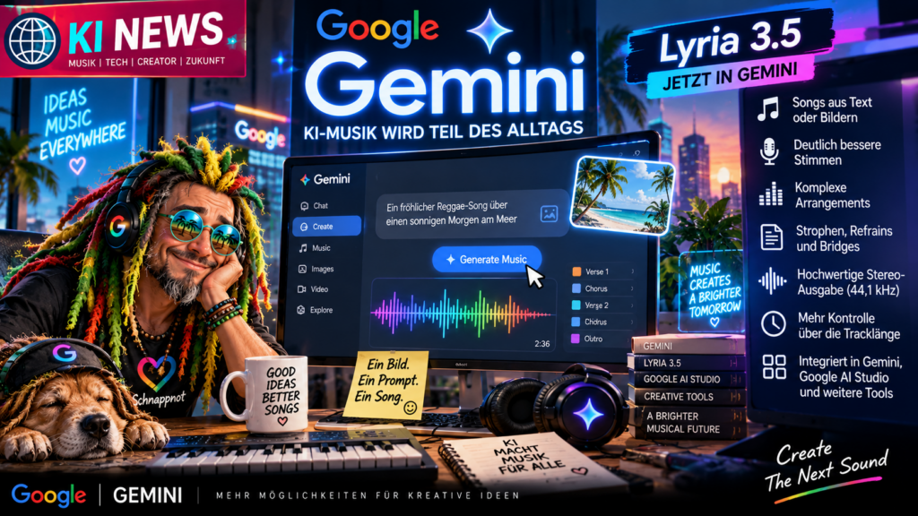 16:9-Newscover für KI-Musik, futuristische generative Musikoberfläche mit abstrakter Gemini-artiger KI-Symbolik ohne Markenlogo, Wellenformen, Gesangsspur, Instrumentenspuren und ein Foto, das sich visuell in Musik verwandelt, hochwertig, technisch-modern, kein Zufallstext, keine echten Personen