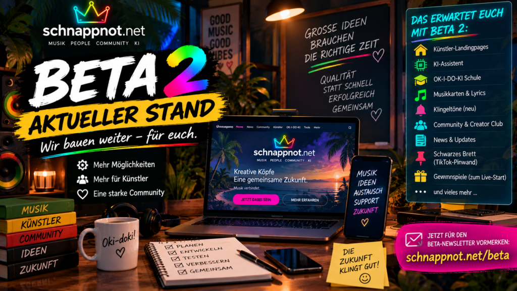 16:9 News-Kachel im modernen Schnappnot-Stil. Große Überschrift: „BETA 2 – AKTUELLER STAND“. Darunter: „Lieber 95 % fertig als halb fertig“. Futuristische Webseite auf mehreren Monitoren, KI-Interface, Code und Community-Elemente, dezente Social-Media-Symbole, Neon-Regenbogen-Branding un